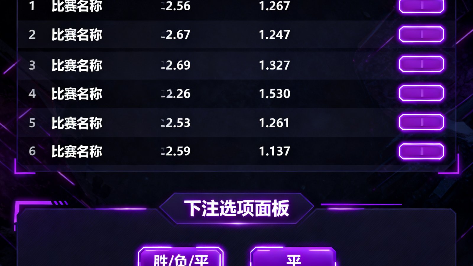 RAYBET雷竞技实时电竞竞猜界面，展示多场比赛赔率数据与下注选项面板，界面采用深色主题配霓虹紫点缀