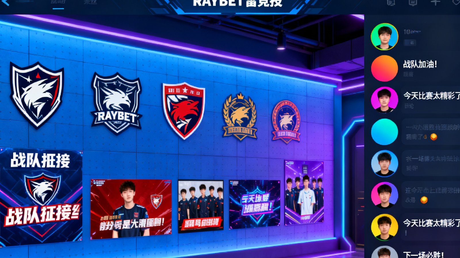 RAYBET雷竞技玩家社区界面，展示战队应援墙和实时聊天区域，多名玩家头像和讨论内容可见