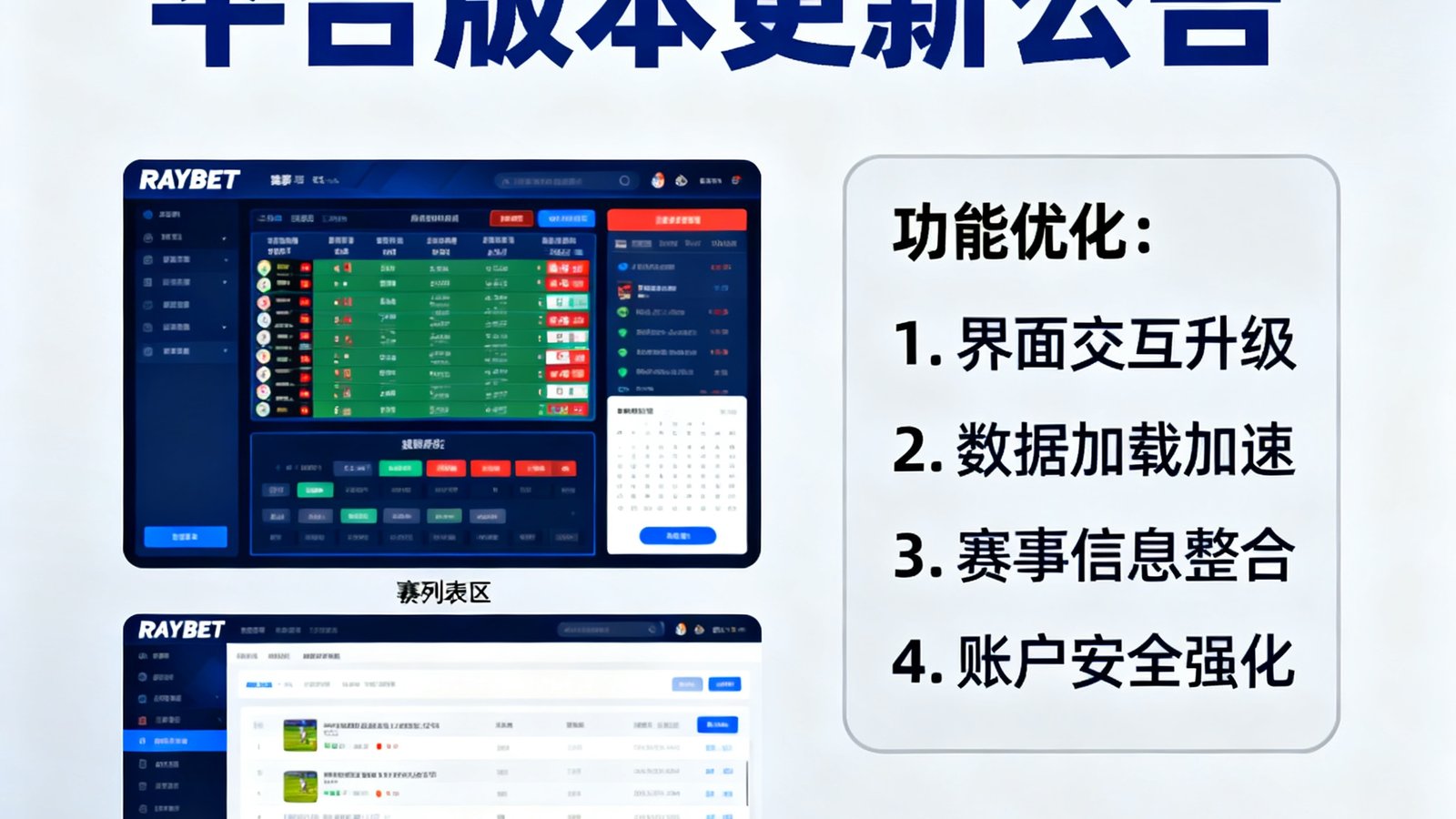 RAYBET雷竞技平台版本更新公告，展示新版界面设计稿和功能优化列表