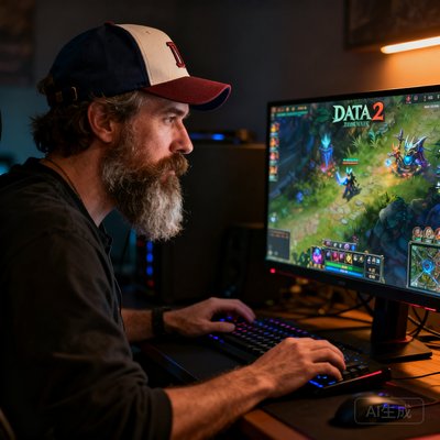 一位资深DOTA2玩家老炮的头像，留着胡须戴着棒球帽，在电脑前专注操作