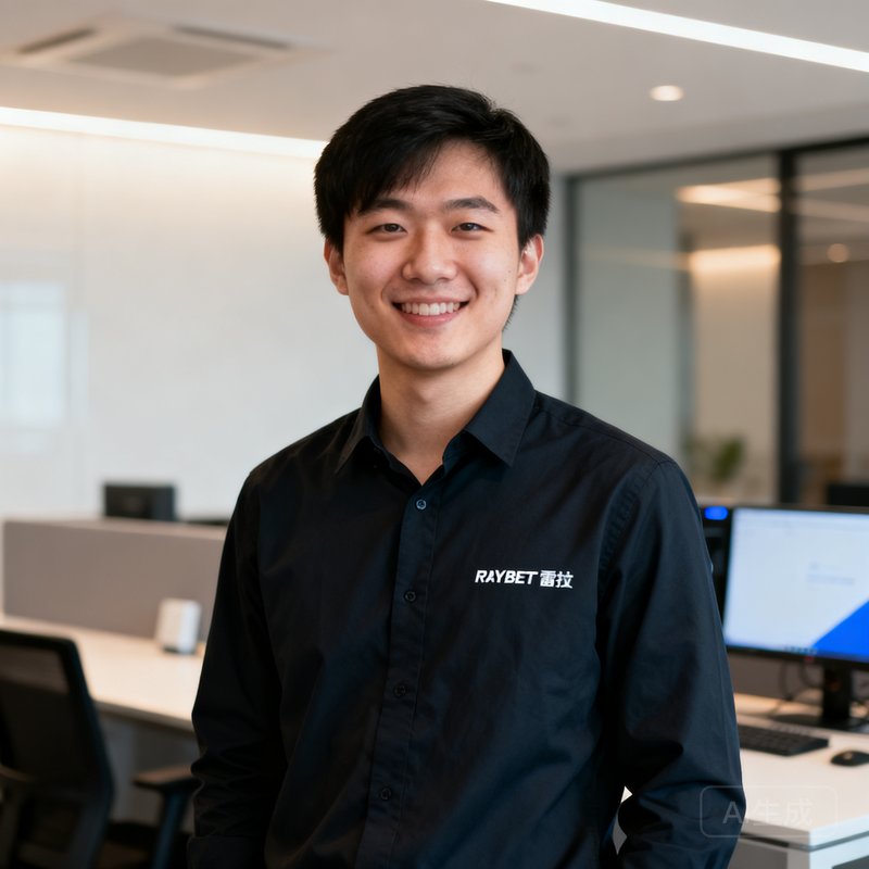RAYBET雷竞技创始人陈锐，前CS:GO职业选手，身穿深色衬衫在办公室中微笑面对镜头